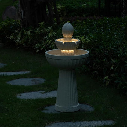 37.80” H Outdoor Water Fountain Made with Eco-Friendly Recyclable Materials, Polyethylene Cascading Waterfall Water Fountain Outdoor, Garden Decor with LED Light for Patio, Backyard (White)