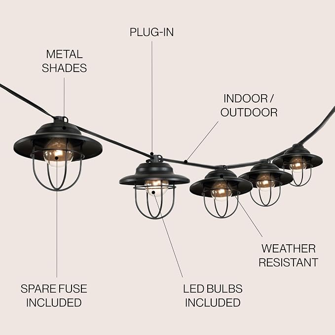 JONATHAN Y 10' Black 10-Light Rustic Farmhouse LED String Lights for Patio, Metal Cage Shade, Weatherproof Connectable Outdoor Hanging Lights, UL Listed JYL8703A