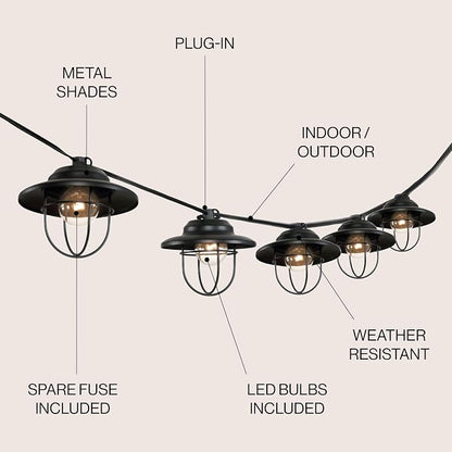 JONATHAN Y 10' Black 10-Light Rustic Farmhouse LED String Lights for Patio, Metal Cage Shade, Weatherproof Connectable Outdoor Hanging Lights, UL Listed JYL8703A