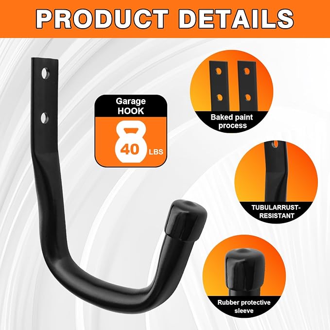 Heavy Duty Wall Garage Hooks, Steel Anti-Slip Utility Hooks Storage Organization Hangers for Ladders, Bikes, Hose, Garden Tools, Coats, Bags with Mounting Hardware Kit (Black, 10 Pack)