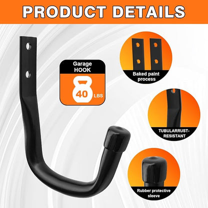 Heavy Duty Wall Garage Hooks, Steel Anti-Slip Utility Hooks Storage Organization Hangers for Ladders, Bikes, Hose, Garden Tools, Coats, Bags with Mounting Hardware Kit (Black, 10 Pack)