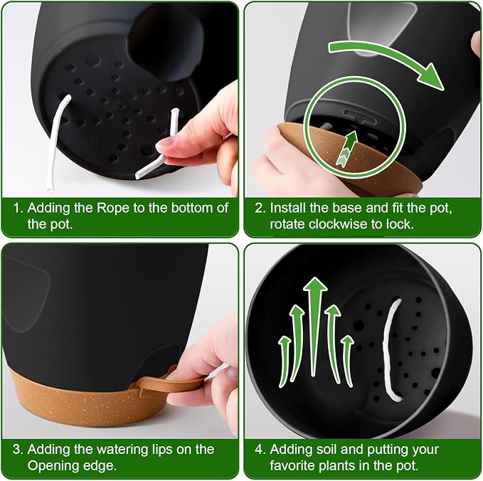 5-Pack Plant Pots with Drainage 7/6.5/6/5.5/5 Inch Self Watering Pots for Indoor Outdoor Plants, Plastic Flower Pots with Drainage Holes and Removable Saucers, Plant Pots with Wicking Rope (Black)