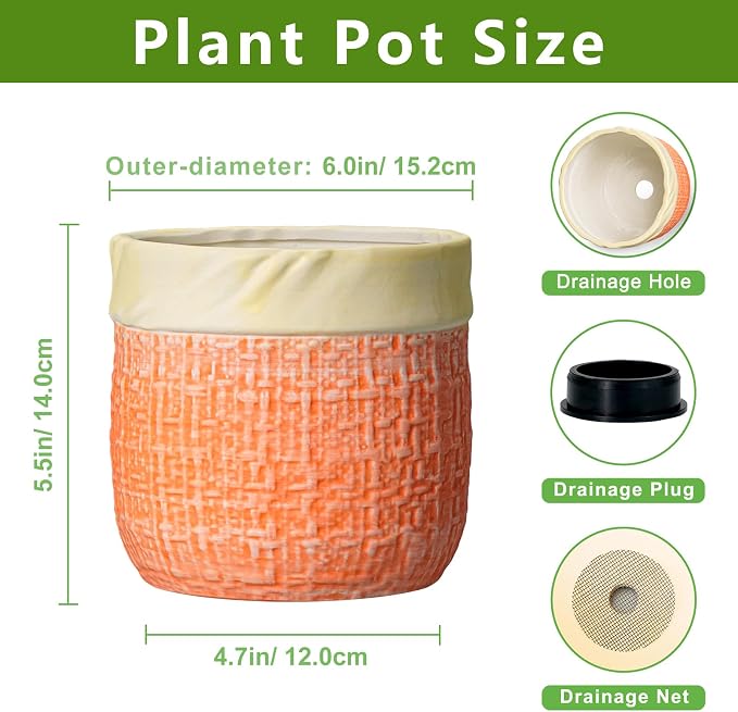 Ceramic Pots for Plants, 6 Inch Planter, Round Plant Pot, Orange | Boho Plant Pot for Indoor Plants, Decorative Flower Pots with Drainage Hole, Bedroom Decor, Housewarming Gifts New Home