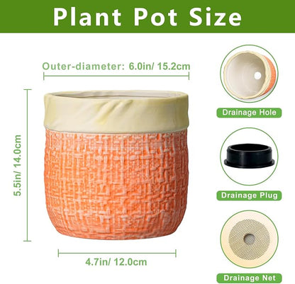 Ceramic Pots for Plants, 6 Inch Planter, Round Plant Pot, Orange | Boho Plant Pot for Indoor Plants, Decorative Flower Pots with Drainage Hole, Bedroom Decor, Housewarming Gifts New Home