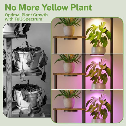 iDavosic.ly Tall Plant Stand with Grow Lights for Large & Heavy Duty Planters, 6 Tier Indoor Corner Flower Shelf with Wooden Trays & Metal Frame, Orchid Rack for Living Room Balcony, Black & Brown