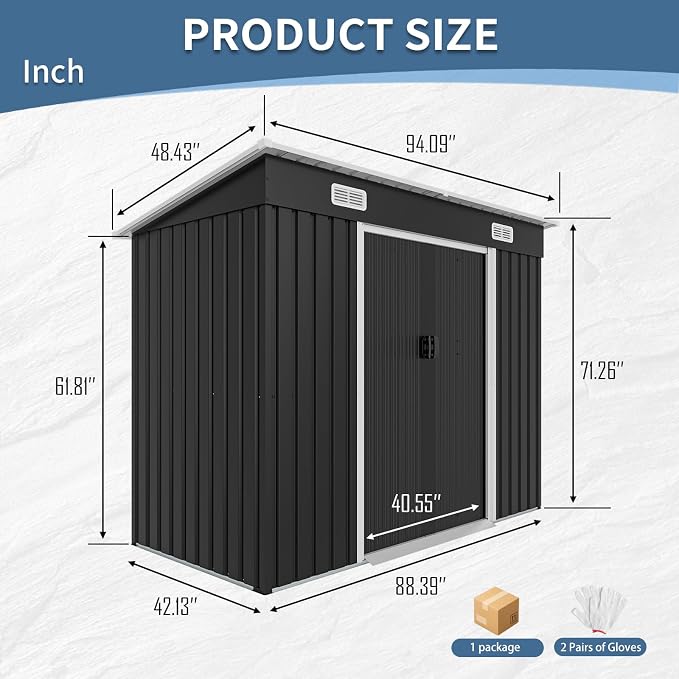 YOPTO 8X4 FT Metal Lockable Outdoor Storage Shed W/Air Vents,Black | Galvanized Steel Shed W/ Sliding Lockable Door,Threshold,Sloped Roof,All Weather Waterproof for Garden,Patio,Backyard,Lawn