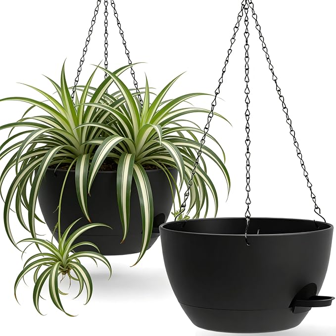 UOUZ 13 Inch 2 Pack Large Self Watering Hanging Planters for Indoor Outdoor Plants, Hanging Plant Pots with Removable 50 Oz Reservoir, Plastic Hanging Basket for Window Porch Garden Balcony, Black