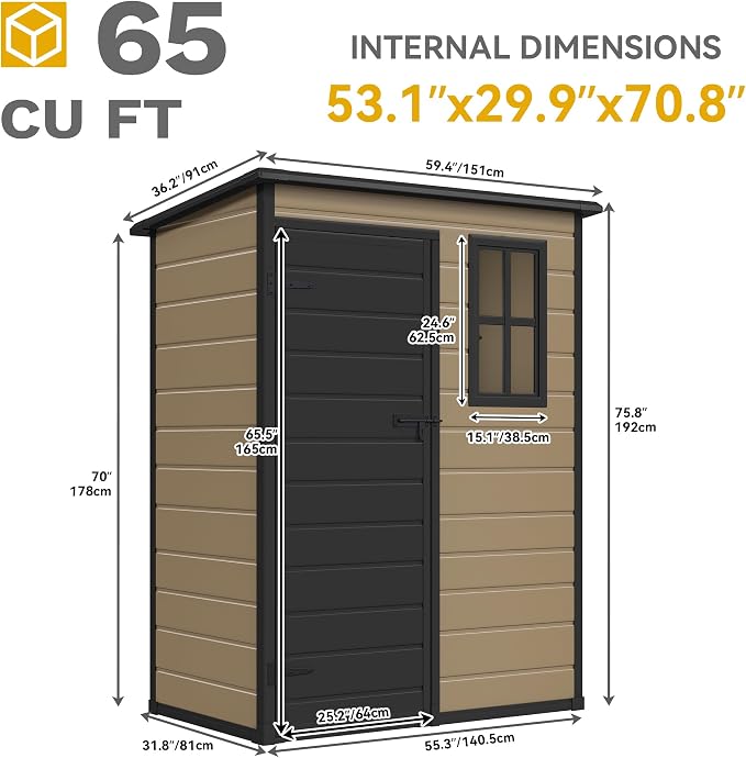 DWVO 5x3ft Resin Outdoor Storage Shed with Floor, Waterproof Lockable Tool Shed with Window, Plastic Outside Resin Storage Shed for Garden Backyard Patio Lawn