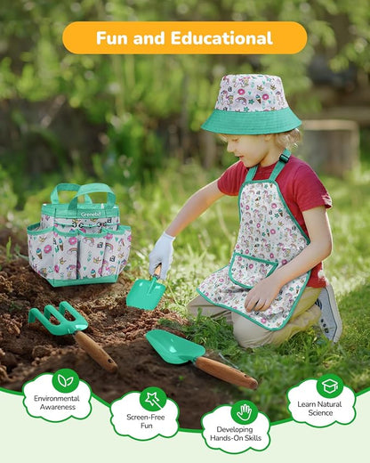 Grenebo Kids Gardening Set Toys,Includes Metal Trowel,Transplanting Shovel,Garden hat,Rake,Apron,Gloves,Watering Can,and Tool Organizer Bag (Lake Green)