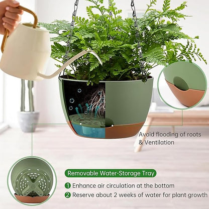 Set of 2 Hanging Planters for Indoor Outdoor Plants, 8 Inch Self-Watering Hanging Flower Pots with Drainage Hole & Removable Water-Storage Tray (Hooks)