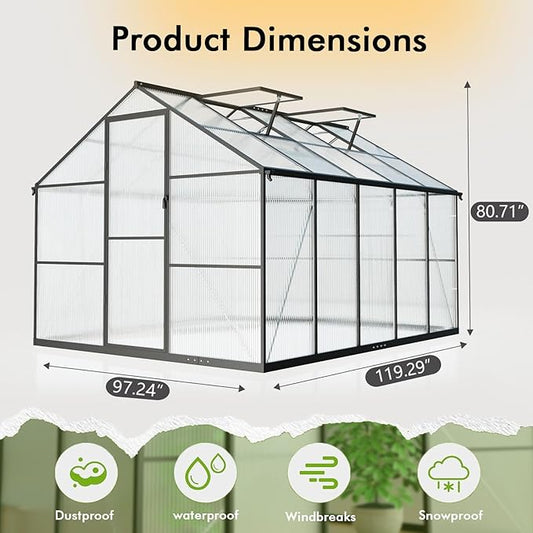 8X10FT Enhanced Aluminum Walk-in Greenhouse for Outdoors with Thermometer | Easy Assembly, UV-Resistant Panel, Rain Gutter, Lockable Sliding Door, Built-in Reinforcement, For Vegetable, Flower and Herb