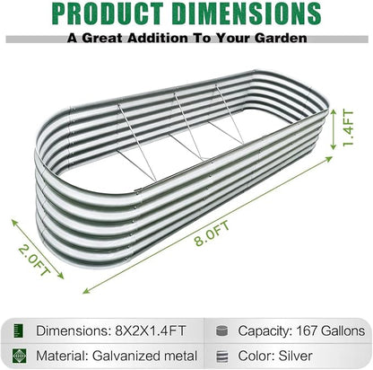 GrowHaus 8x2x1.4FT Galvanized Raised Garden Bed, Planter Boxes Outdoor Large Metal Garden Beds for Planting Vegetables Flowers Herbs Silver