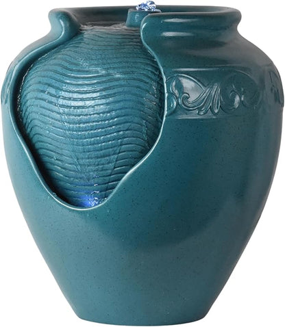 Teamson Home Floor Glazed Pot Water Fountain with Built-in LED Light and Pump for Outdoor Indoor Patio Garden Backyard Decking Home Décor, 17 inch Height, Teal | Floor Standing Ceramic Waterfall, LED Lights, Patio Garden Deck Porch Yard, Zen Outdoor De...