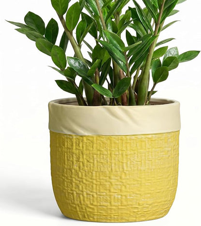 Ceramic Plant Pots - 9.8 Inch Plant Pots for Indoor Plants, Round Planter with Drainage Hole and Plug, Boho Pot for Plants, Decorative Flower Pot, Front Porch Decor, Gardening Gifts, Yellow