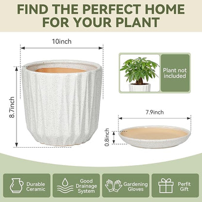 10 Inch Ceramic Planter Pot with Saucer Drainage Leak-Proof Mesh,Flower Pots for Indoor Plants with Gardening Gloves,Ceramic Planter(Waxen White)