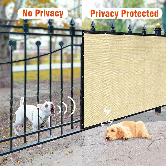 iCover 4x25ft Privacy Screen Fence, Outdoor Fencing Panels, Garden Windscreen Mesh Shade Sail Net Barrier, Fence Privacy Screen Reinforced Bindings and Brass Grommets Cable Zip Ties, Sand