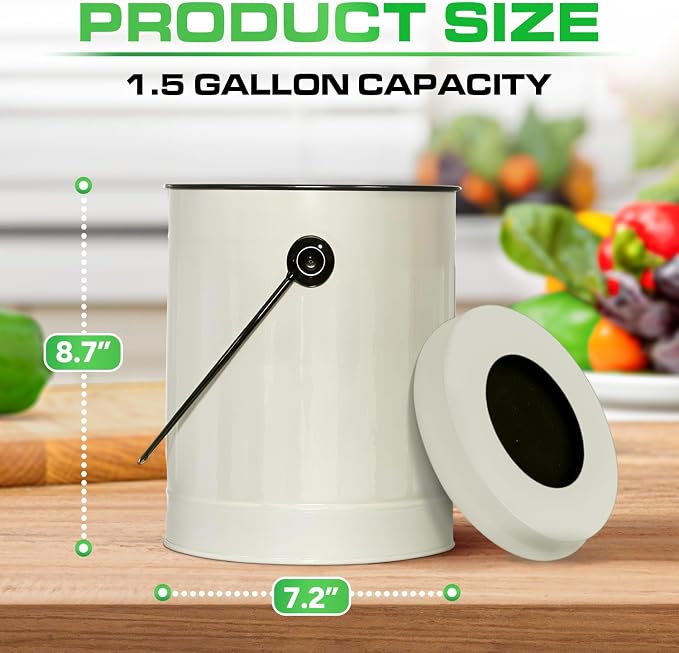 Plexon Kitchen Compost Bin Indoor with Lid, Off-White 1.5 Gallon Odorless Container, Steel Food Compost Bucket for Kitchen with Charcoal Filter, Compost Pail Countertop