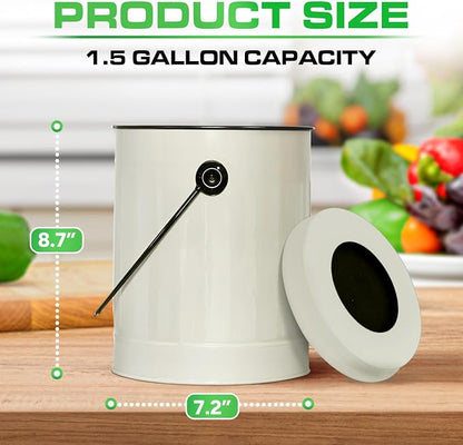 Plexon Kitchen Compost Bin Indoor with Lid, Off-White 1.5 Gallon Odorless Container, Steel Food Compost Bucket for Kitchen with Charcoal Filter, Compost Pail Countertop