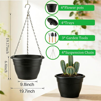 Drzewo Hanging Planters, 10 inch Hanging Plant Pot,4pcs self Watering pots for Indoor Plants with Hanger Chain & Drainage HoleHanging Planters for Indoor Outdoor Plants Patio Porch Decor