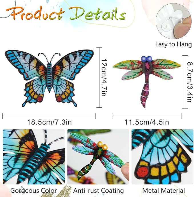 DEWEL 8 Pcs Metal Garden Decor for Outside, Butterfly Dragonfly Wall Decor Outdoor Wall Art, Colorful Hanging Decorations Wall Decor for Garden Fence Patio Yard, Great Gift Choice