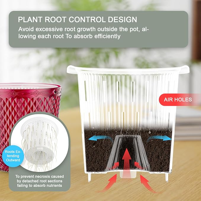 QCQHDU Hanging Planters for Indoor Plants, 2-Pack, 7.2 Inch, Red | Plastic, Self Watering Plant Hanger, with Drainage Holes, 3 Hooks Chains, For Garden Home