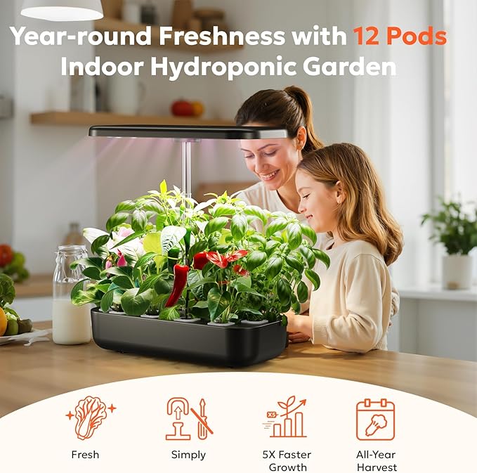 owltron Hydroponics Growing System Kit, 12 Pods Indoor Herb Garden with 24W LED Grow Light Full Spectrum, Planting Height Up to 20", Quiet Water Pump, Indoor Gardening for Gifts, Kitchen, Black