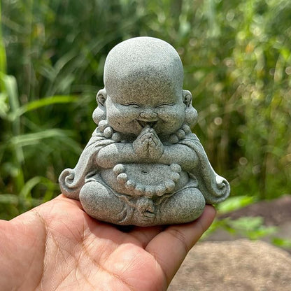 Mini Zen Prayer Buddha Statue, Tiny Sandstone Figurine for Garden Shelf | Mini monk figurine in prayer pose. Perfect for garden, fish tank, desk, or home decor. Symbol of devotion and inner peace