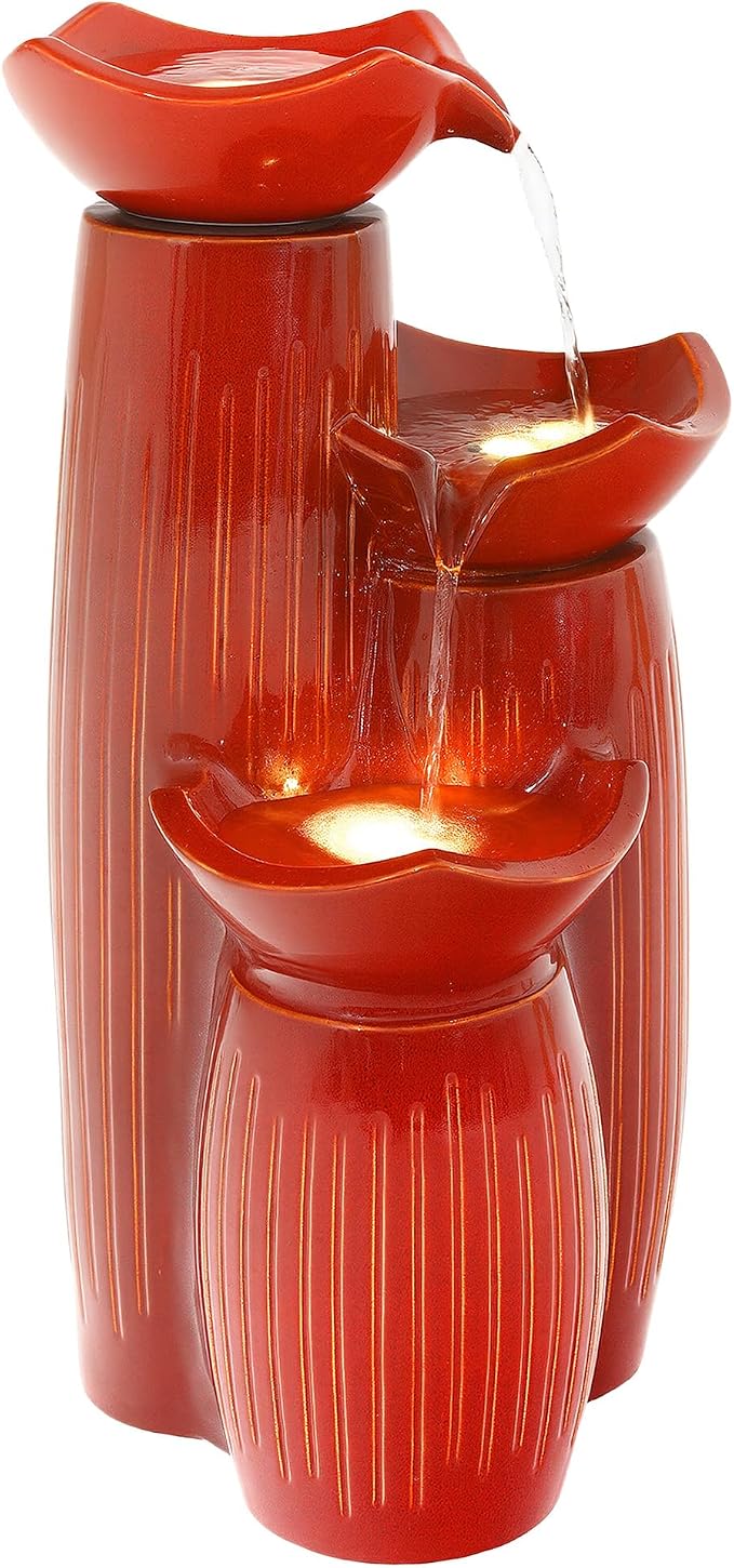 30" H Ceramic Outdoor Water Fountain with LED Lights, 3-Tier Cascading Lotus Bowls Water Feature, Tranquil Waterfall for Relaxing Garden, Patio, Yard, Terracotta Red, Vertical Striped Texture