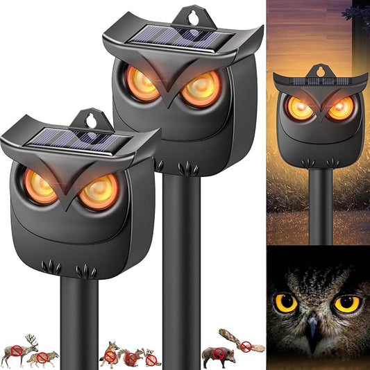 2 Pack Solar Owl Animal Repeller Outdoor for Raccoon, Deer & Squirrel Cat, Night-Only Breathing Mode Light Deterrent, Mini Hanging Predator Scare Device, Waterproof for Garden Yard Tree Shed