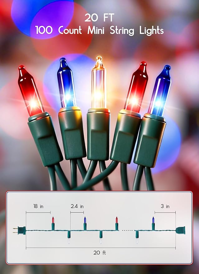 Minetom Red White Blue Christmas Lights Green Wire - 100 Count 4th July Decoration Patriotic Mini String Lights Waterproof for Indoor Outdoor Xmas Holiday Party Patio Independence Day Decoration