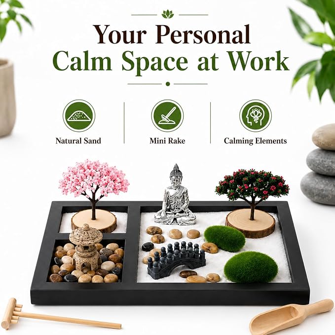 Zen Garden for Desk - Mini Tabletop Zen Garden with Buddha Decor | Black tray with Buddha, bridge, moss & pebbles. Decorative Zen display for office desks, shelves, meditation & home décor.