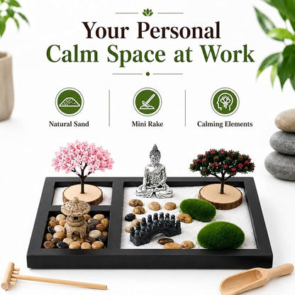 Zen Garden for Desk - Mini Tabletop Zen Garden with Buddha Decor | Black tray with Buddha, bridge, moss & pebbles. Decorative Zen display for office desks, shelves, meditation & home décor.