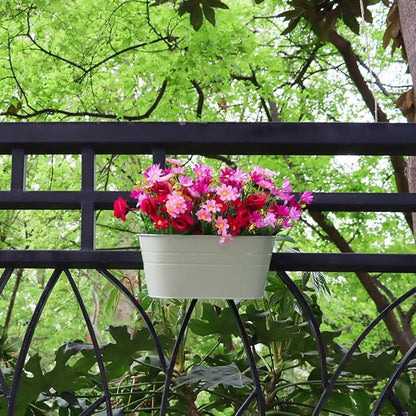 3 Pack Metal Railing Planters, 10.5" Oval Hanging Flower Pots with Detachable Hooks & Drainage Holes, Fits Rails up to 2.36", Galvanized Iron Fence Bucket for Balcony Garden Patio - Blue