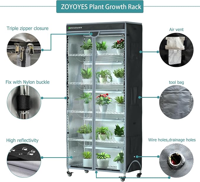 Indoor Greenhouse 6-Tier Plant Rack with Cover & 5 T8 Grow Lights | Thermometer & Timer – Seedlings, Flowering, Herbs & Vegetables, Indoor Gardening, Easy Assembly 30"W x 14"D x 72"H