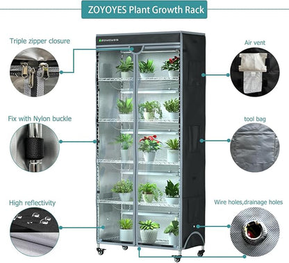 Indoor Greenhouse 6-Tier Plant Rack with Cover & 5 T8 Grow Lights | Thermometer & Timer – Seedlings, Flowering, Herbs & Vegetables, Indoor Gardening, Easy Assembly 30"W x 14"D x 72"H