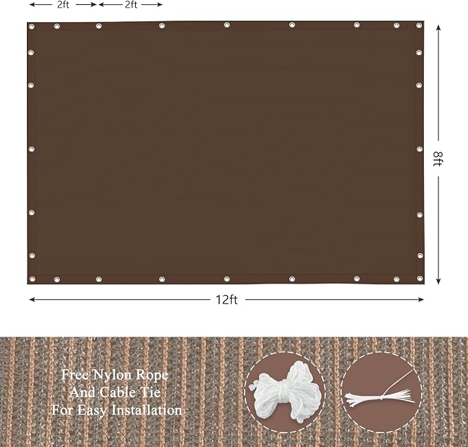 90% Outdoor Sun Shade Cloth, 8’ x 12’, Pergola, Deck, and Backyard Patio Sunshade with UV Protection, Heat Resistant HDPE Material, Reinforced Grommets (8x12 FT,Brown)