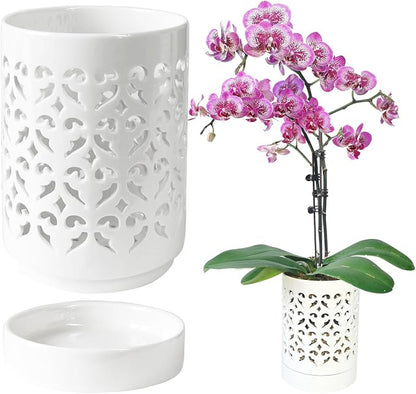 Orchid Pots with Holes,4 Inch Ceramic Orchid Pot for Repotting, Flower Planter Pot Indoor Outdoor, Breathable Slotted Orchids Planter White