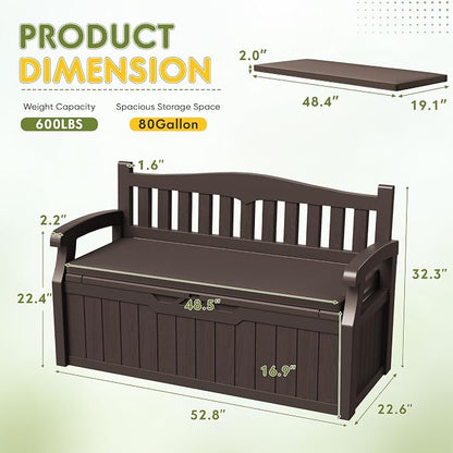 Greesum 80 Gallon Outdoor Storage Bench Deck Box with Cushion & Armrest, Lockable, Waterproof UV Resistant, Comfortable Seating for Patio, Pool, Garden, Brown