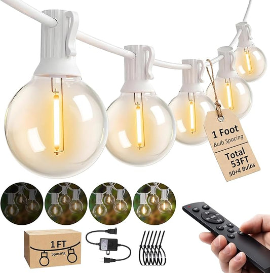 Outdoor-String-Lights with Remote 53FT Waterproof lights for Outside Patio | 12 inch Bulbs Apart,White Cord String Lights,Connectable Dimmable Patio Lights with Remote,Timer,3 Modes for Backyard, Bistro