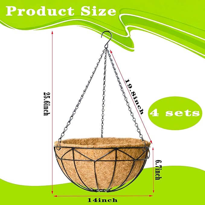 4 Pack 14 Inch Black Wire Hanging Planter with Coir Fiber Outdoor Round Hanging Basket with Metal Chain for Balcony Porch Farmhouse Country Style Garden Decor (Geometric)