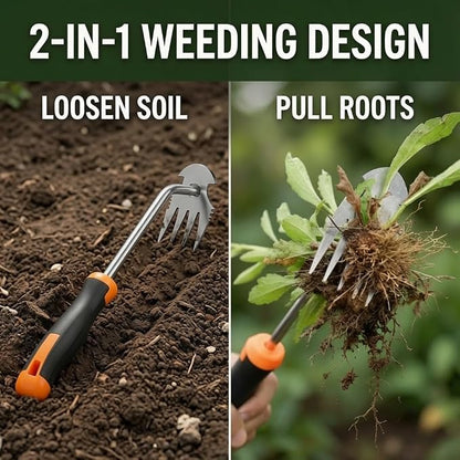 Premium Weed Puller Tool, 2-in-1 Garden Weeder Hand, Stainless Steel Gardening Accessories with 4 Sharp Teeth Remover, Weeding Supplies for Landscaping Essentials (Rubber Handle)