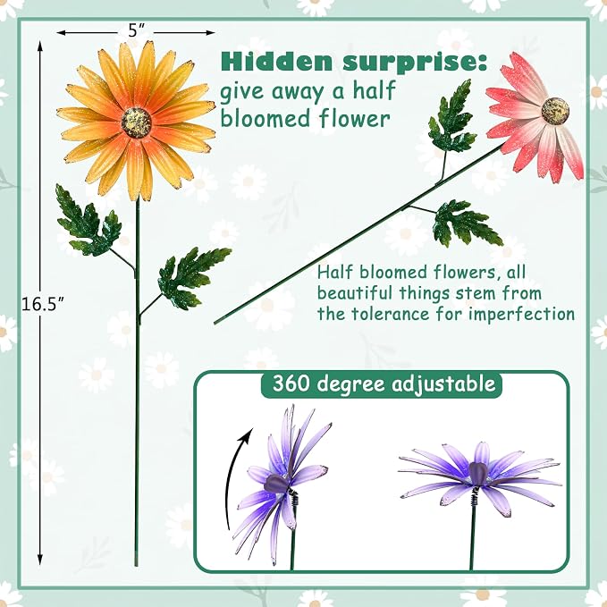 Metal Flowers for Outside, 4 Pack Decorative Garden Stakes with Spring Design, 16.5 Inch Handmade Iron Outdoor Metal Garden Decor, Flickering Daisy Yard Art for Patio Lawn