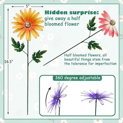 Metal Flowers for Outside, 4 Pack Decorative Garden Stakes with Spring Design, 16.5 Inch Handmade Iron Outdoor Metal Garden Decor, Flickering Daisy Yard Art for Patio Lawn