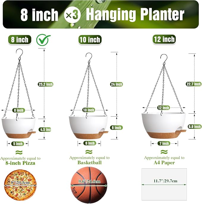 8 Inch Self Watering Hanging Planters Set of 3 with Saucers | Set of 3 8-inch self-watering hanging planters with side-fill watering ports, chain hangers & snap-on saucers