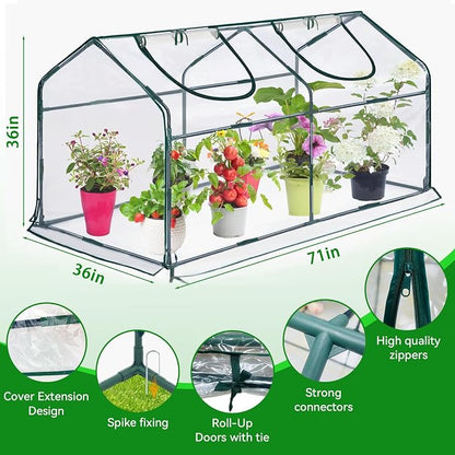 Mini Greenhouse for Outdoor,Portable Small Tunnel Greenhouses for Outdoors with Roll up Zipper Door for Gardening Plant,UV Waterproof Cover with 8 Ground Stakes (Clear, 71" x 36" x 36")