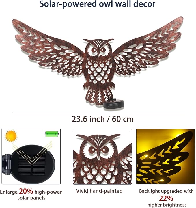 Metal Owl Outdoor Wall Decor with 35 Led Solar Lights- 23" Outdoor Fence Wall Art Decor, Gift for Mom Grandma Women Birthday Gardening,Hanging Decoration for Garden Patio Porch Yard