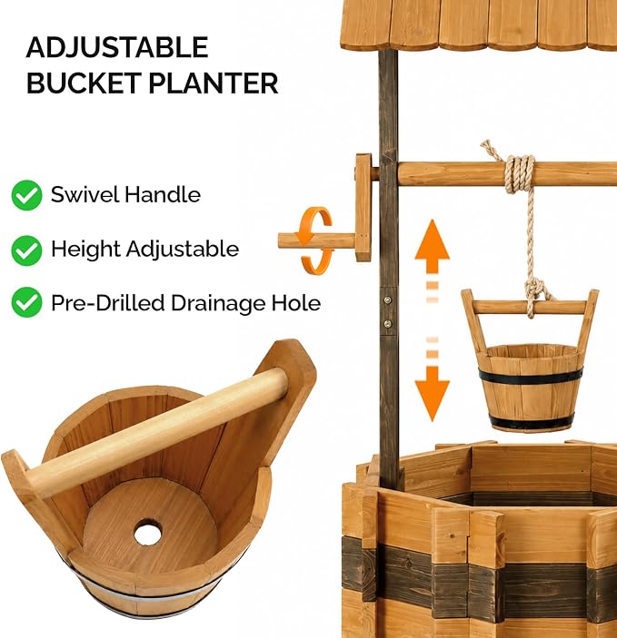 VINGLI Wooden Wishing Well Outdoor Planters, Well Covers for Yard with 2 Reinforced Rods, Height Adjustable Hanging Bucket, Rustic Flower Pot Decor for Outside Patio Garden (Two-Tone, 22" Width)