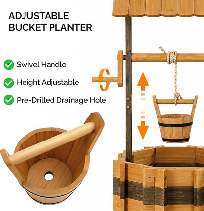 VINGLI Wooden Wishing Well Outdoor Planters, Well Covers for Yard with 2 Reinforced Rods, Height Adjustable Hanging Bucket, Rustic Flower Pot Decor for Outside Patio Garden (Two-Tone, 22" Width)