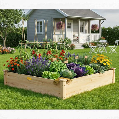 Hollyone 48" X 48" inches Wood Raised Garden Bed Frame Planters Wooden Elevated Planting Planter Box for Outdoor Herb Vegetables Flowers Grass Lawn Yard Patio - Natural 4×4ft