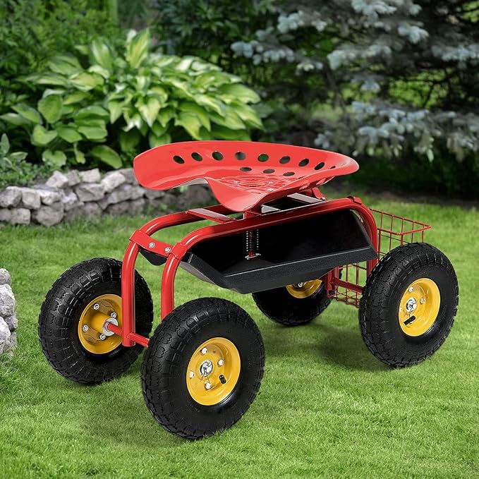 IRONMAX Garden Cart with Seat, Heavy Duty Gardening Work Stools w/Height Adjustable Seat & 10’’ Large Wheels, Rolling Garden Scooter for Outdoor Lawn Yard Planting (Red)